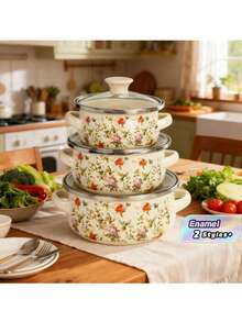 2025 New Enamel Cookware 3 Pieces Set, Ceramic Non-Stick Coating, Compatible With Gas Stove & Induction Cooktop, Thickened Round Edge Design, Vintage Style, Multi-Purpose For Home Cooking & Outdoor BBQ, - View 1