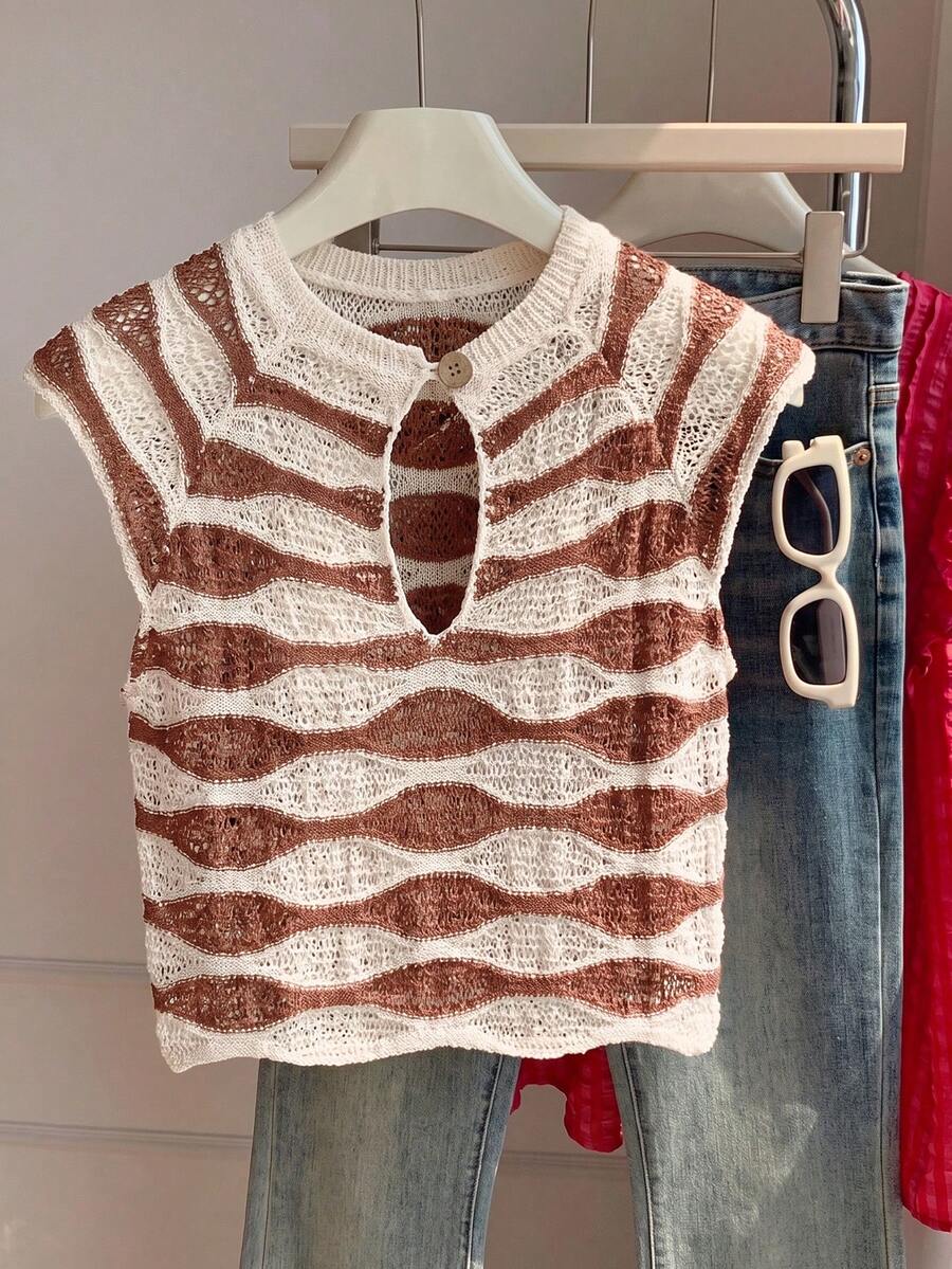 Comfortcana Contrast Color Wavy Hollow Out Fashion Minimalist Knit Top - Brown - View 1