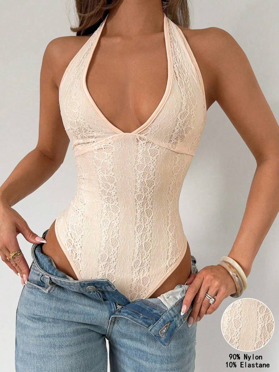 Rafferiza Body ajustado sexy con escote halter en V y encaje - Albaricoque - Ver 1