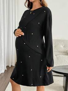 SHEIN Maternity Solid Color Nursing Function Casual Daily Summer Dress Fall Fall/Winter Casual - Black - View 3