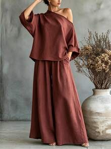 Omancia 2pcs/Set Kemeja Kasual Lengan Panjang Model Batwing dengan Bahu Asimetris & Celana Panjang Lebar dengan Pinggang Elastis - Rust Brown - View 6