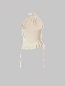 SHEIN MOD Vintage 3d Flower Design Halter Neck Slim Fit Top With Fluttering Ribbons, Apricot Color - Apricot - View 3