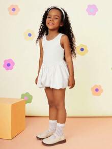 SHEIN Young Girl Knitted Solid Color Round Neck Patchwork Woven Fitted Dress - White - View 4
