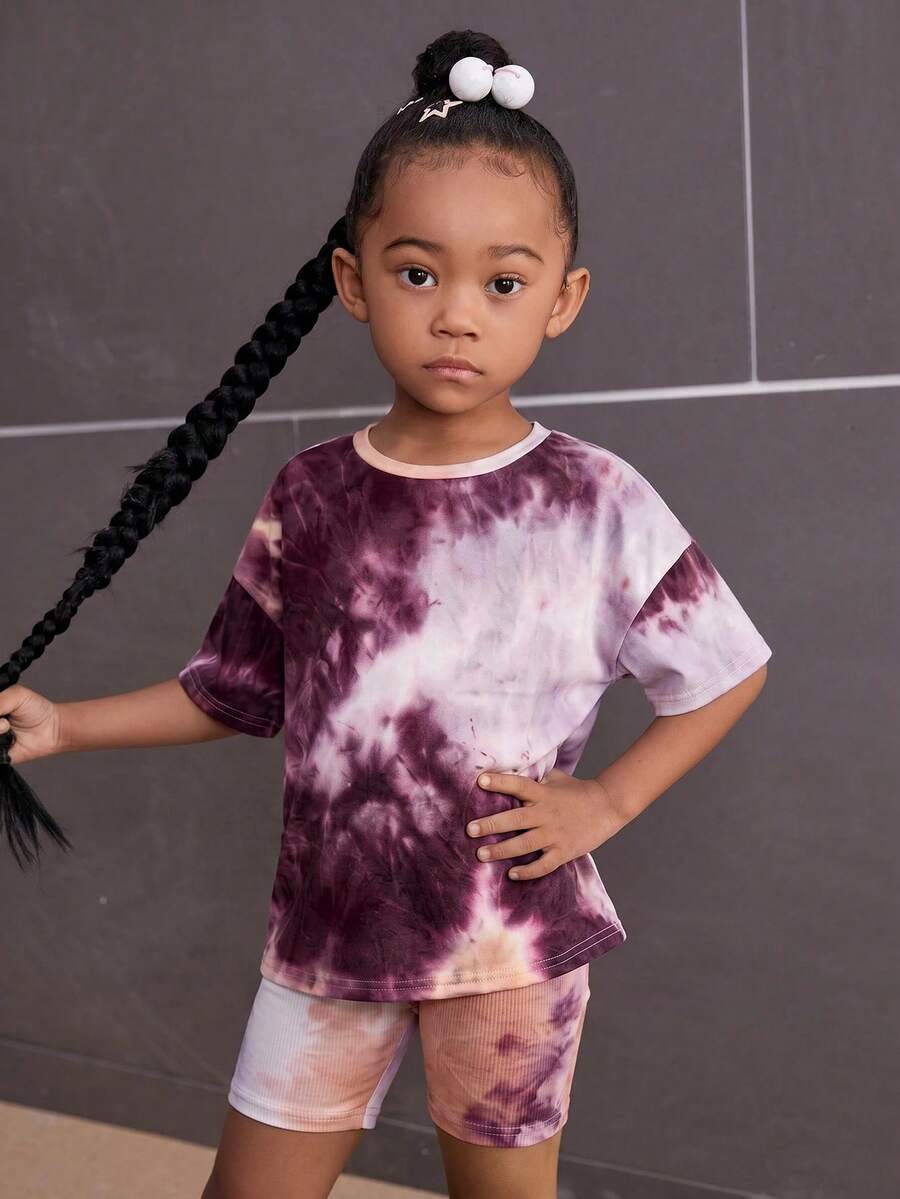 SHEIN Set Kasual Anak Perempuan: Kaos dan Celana Pendek Motif Tie-Dye, Bahu Longgar, Kerah Bulat - MultiWarna - View 1