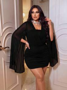 NU&NOW Plus Size Fashionable Mesh V-Neck Bodycon Mini Dress, Sexy Elegant Style Halloween Party Cocktail Black Summer - Black - View 6
