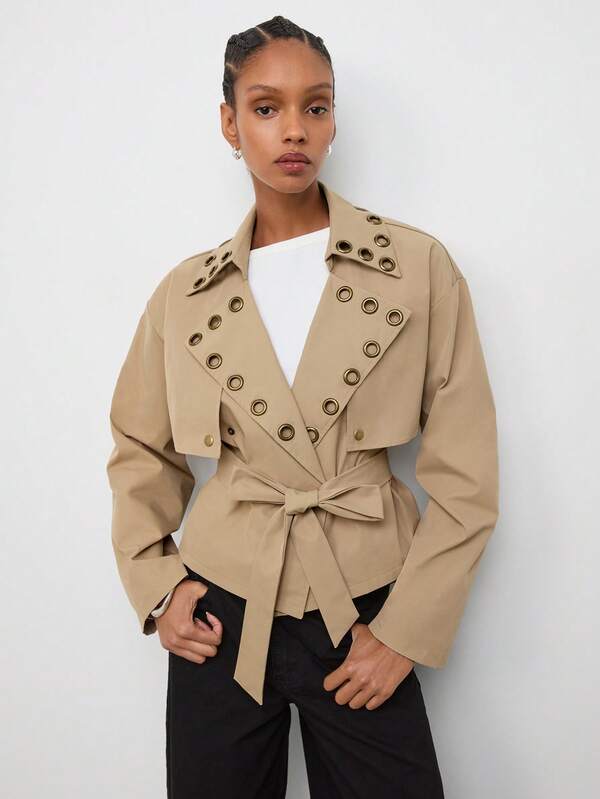 Maija Women's Trench Coat Jacket With Eyelet Decoration, Autumn Urban Casual Waist-Cinching Eyelet Decor Casual Y2k Going Out