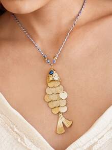 Nocturel 1pc 3D Movable Fish Pendant Gold Long Necklace For Women, Summer Vacation Accessory, Gift For Her - Multicolor - View 2