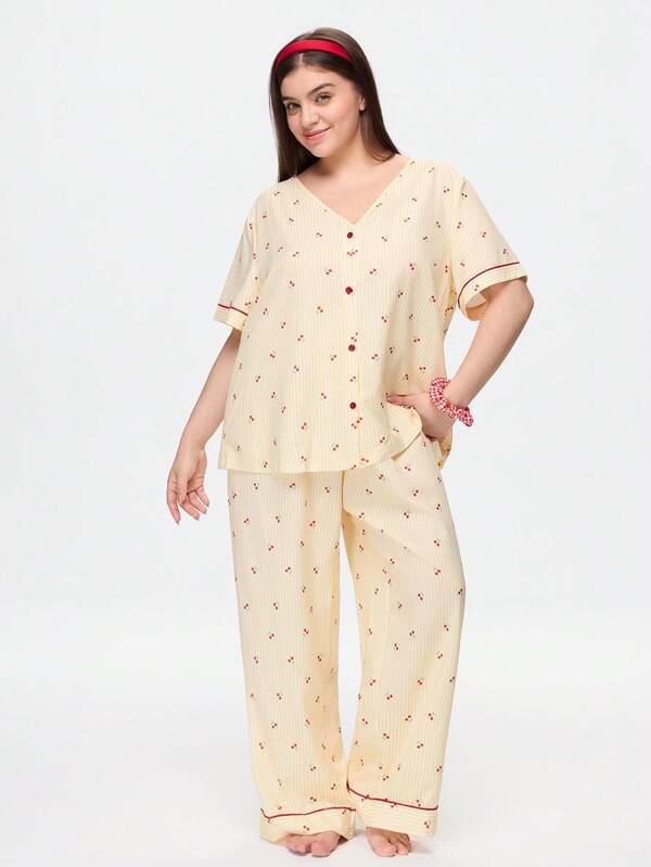 Bonmuse 2pcs Women's V-Neck Short Sleeve Pajama Set With Cute Cherry Print, Summer Home Wear