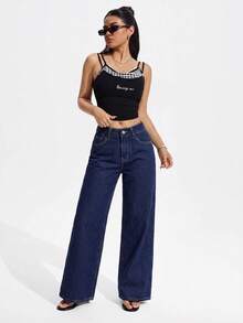 SHEIN PETITE Y2K Women's Straight Leg Denim Jeans - Dark Wash - View 5