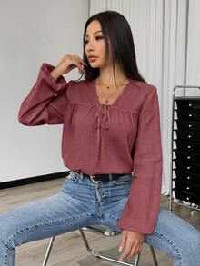 SHEIN 女款純色喇叭袖休閒波希米亞風前綁帶襯衫，適合早午餐、約會之夜，灰玫瑰色，秋季 - 棕色 - 查看 5