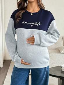 SHEIN Sweatshirt Menyusui Kasual Musim Gugur/Dingin, Motif Blok Warna, Motif Patchwork, Lapisan Termal - MultiWarna - View 4