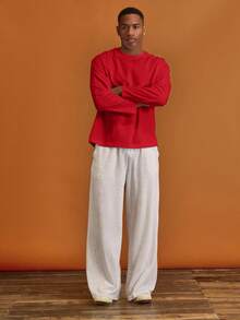 Musero Men Oversized Crewneck Long Sleeve Basic Plain T-Shirt Capsule Wardrobe Layering Spring&Summer - Red - View 3