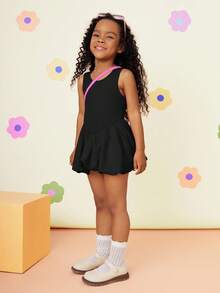 SHEIN Young Girl Fashion Solid Color Patchwork Round Neck Fitted Woven Dress - Black - View 6
