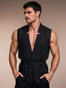 ZURIURI Men's Summer Solid Color Minimalist Sleeveless Cardigan Vest Suitable For Parties - Black - View 4