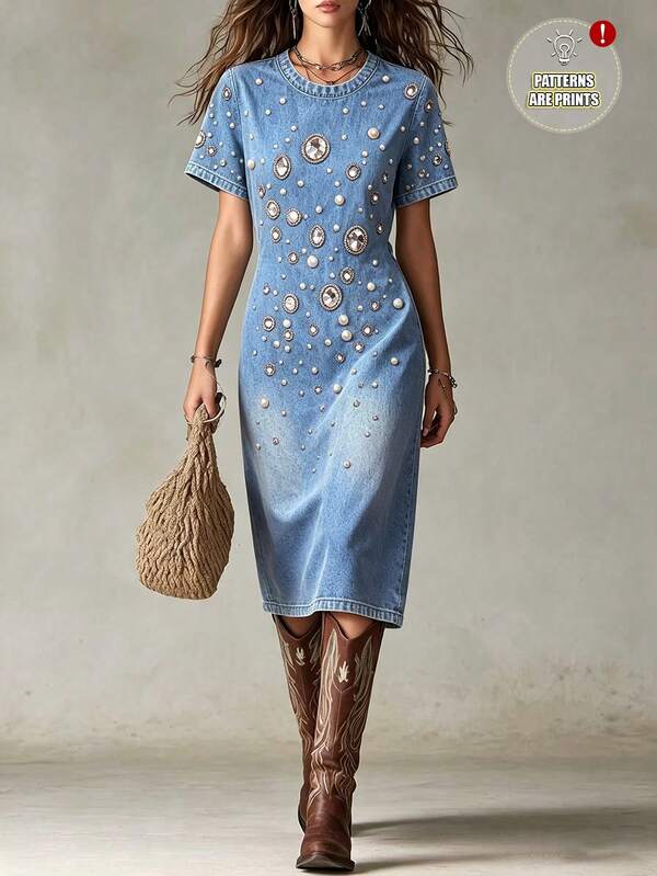 SHEIN Franclia Rhinestone & Pearl Embellished Denim Effect Print Dress For Women, Round Neck, Short Sleeve, Cinched Cinched Waist Mid-Length Bodycon Skirt