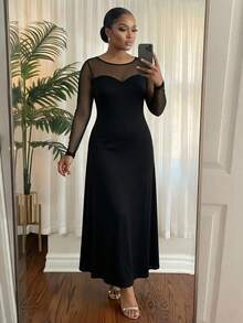 SHEIN Lady CURVE 大尺碼優雅通勤風網紗拼接洋裝 - 黑色 - 查看 3