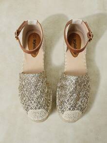 Styleloop Ladies Retro Gold Vacation Hollow Woven Pull-Up Belt Hemp Rope Platform Shoes - Gold - View 3