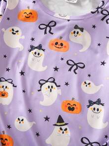 Tween Girl Ghost Print Long Sleeve Top & Leggings Snug Fit Loungewear - Purple - View 5