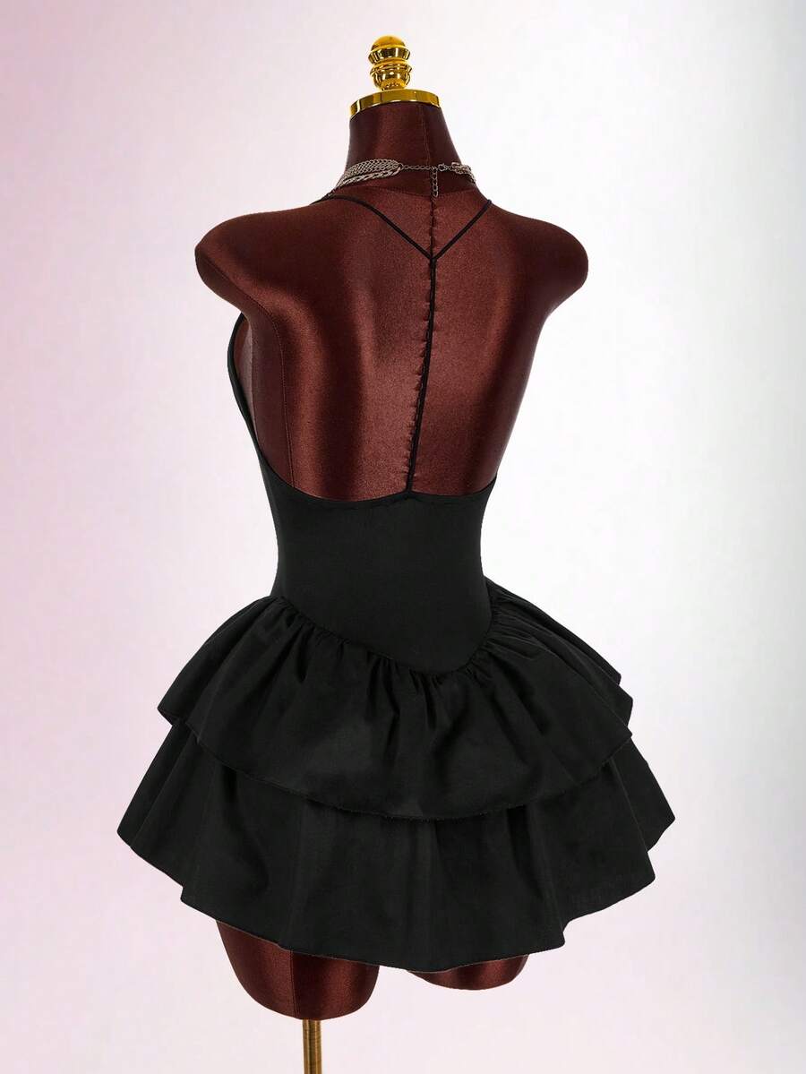 Amplova Women's Solid Color Ruffle Hem Sexy Spaghetti Strap Mini Dress - Brown - View 1