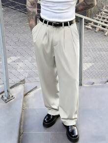 Manfinity Homme 男士夏季休閒工作長褲，極簡寬鬆直筒褶皺垂墜商務西裝褲，米色黑色，儀式感 - 米色 - 查看 3