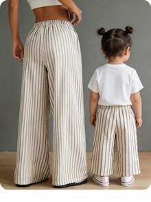 SHEIN LMoss Kids 女童阔腿裤，豹纹印花，日常童装，长裤，返校裤，休闲宽松豹纹直筒裤，适合日常穿着，可搭配各种修身短款T恤或背心，春夏款，母女装。 - 卡其色 - 查看 8