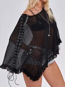 ROMWE Y2K Sexy Fishnet Hollow Out Cape Cover-Up Top For Women Plus Size - Black - View 7