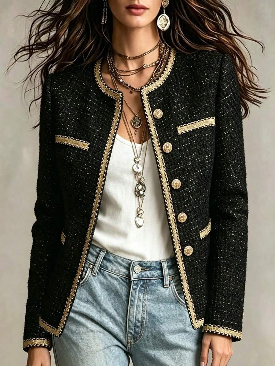 SHEIN Women's Casual Wool Blend Jacket With Woven Trim, Long Sleeve, Single-Breasted
