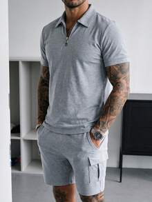 Manfinity Homme Men's Short-Sleeve Half-Zip Polo & Cargo Shorts Set With Slanted And Patch Pockets Solid-Color - Light Grey - View 3