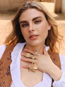 Nocturel 1/4pcs Vintage Fashion Exaggerated Metallic Geometric Wavy Crinkle Faux Pearl Rings, Unique Sweet Punk - Yellow Gold - View 5