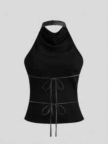 Sweetra Plus Size Satin Sexy Elegant Halter Neck Backless Top And Lace Patchwork Mini Bodycon Skirt 2 Pieces Set Halloween Cocktail Black - Black - View 3