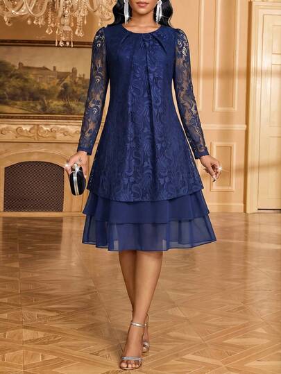SHEIN Lady Đầm ren thanh lịch cổ tròn tay dài gấu bèo nhún cho phụ nữ trung niên và cao tuổi