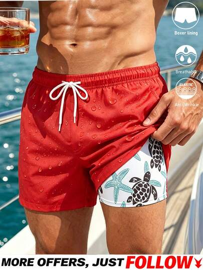 Manfinity Swimmode Men's Casual 2-In-1 Drawstring Beach Shorts, Holiday