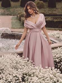Savoree Women's Solid Color Asymmetric Neckline Ruched Elegant Dress - Pink - View 5