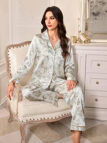 LuxeNights Satin Butterfly Print Lapel Pajama Set, Classic Trim Design, Minimalist Comfortable Loungewear - White - View 1