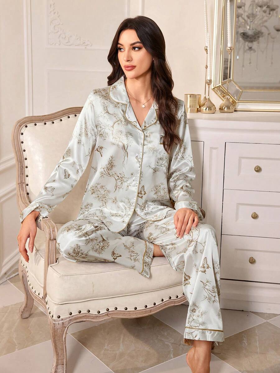 LuxeNights Satin Butterfly Print Lapel Pajama Set, Classic Trim Design, Minimalist Comfortable Loungewear - White - View 1