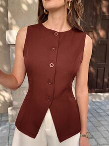 SHEIN Clasi 女款夏季純色休閒百搭日常穿著襯衫 - 酒紅色 - 查看 3