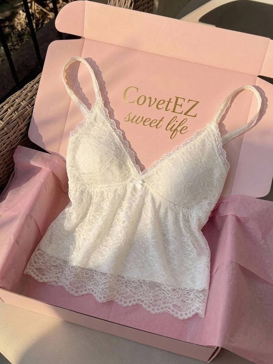 CovetEZ 白色休閒女款蕾絲細肩帶背心上衣