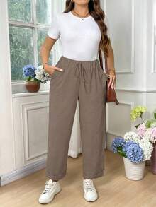 SHEIN EMERY ROSE CURVE Plus Size Women Cotton Fold Over Hem Solid Color Pockets Casual Pants Fall - Brown - View 4