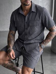 SLATEMANN 男士度假休閒條紋襯衫短褲套裝 - 黑色 - 查看 1