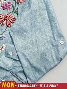 Selamara Women's Y2K Fall Floral Pearl Denim Effect Shirt, Suitable For Everyday Wear And All Seasons. - Multicolor - View 4
