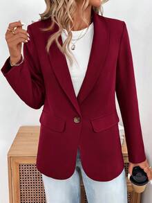 SHEIN LUNE 2024秋冬新款灰綠色女款收腰鈕扣西裝外套，休閒風 - 中紫紅色 - 查看 4