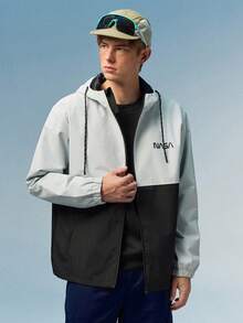 Caldwick Loose Fit Men's Long Sleeve Two Tone Letter Graphic Drawstring Hooded Outdoor Windbreaker Jacket, For Fall - Multicolor - View 5