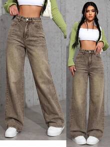 SHEIN EZwear 休閒水洗直筒牛仔褲 - 鏽棕色 - 查看 1