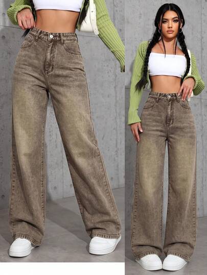SHEIN EZwear بنطلون جينز دنيم رمادي مستقيم الساق مغسول كاجوال للشارع والخروج اليومي صيفي