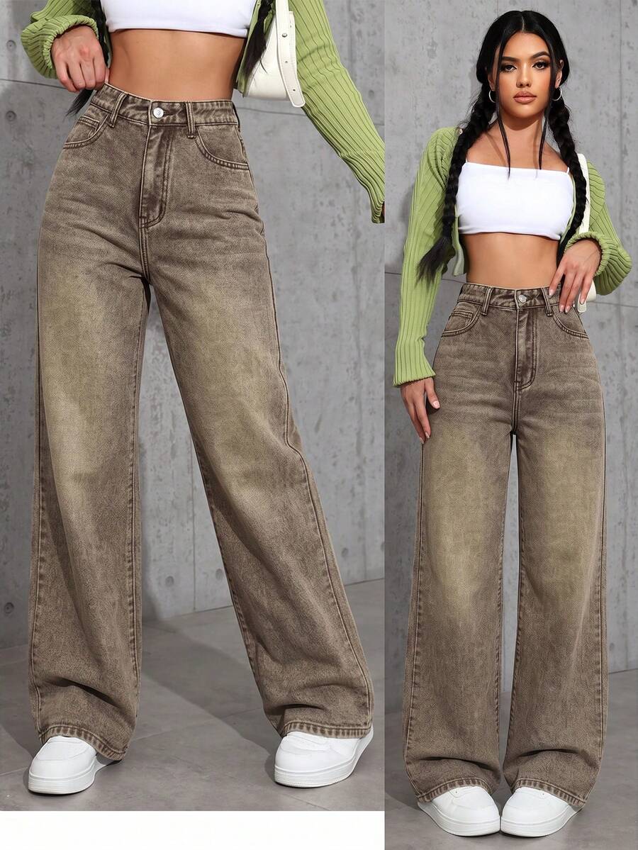 SHEIN EZwear 休閒水洗直筒牛仔褲 - 鏽棕色 - 查看 1
