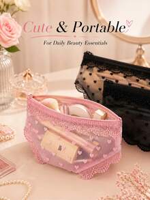 Cute Lace See Through Toiletry Bag Travel Makeup Storage Pouch For Eyeliner Brushes Lipstick Skincare Headphones - Multicolor - View 10
