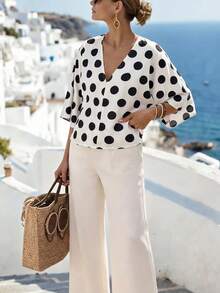 SHEIN LUNE Loose V-Neck Polka Dot Print Casual Commuting Elegant Vacation Blouse For Women - Black and White - View 5