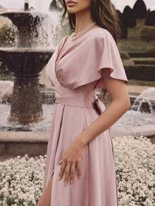 Savoree Women's Solid Color Asymmetric Neckline Ruched Elegant Dress - Pink - View 6