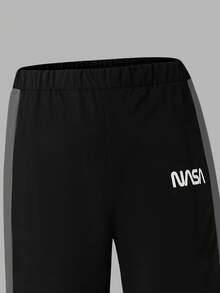 SHEIN 2件組青少年男孩街頭風寬鬆酷感連帽拉鍊外套套裝，白黑拼色，休閒兩件式學生運動裝，適合六年級秋季 - 黑色 - 查看 4