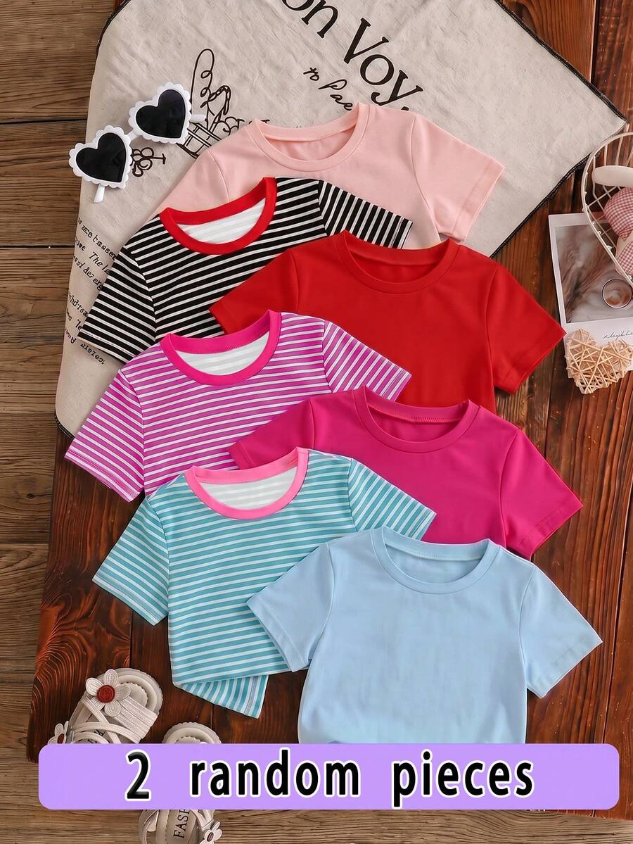 7 piezas de camisetas casuales de tacto suave para niñas jóvenes, diseño sólido/rayado, adecuadas para verano, regreso a la escuela, primavera, otoño, invierno, diseño sólido+rayado con cuello en contraste, estilo americano, se envían 2 piezas al azar - Multicolor - Ver 1